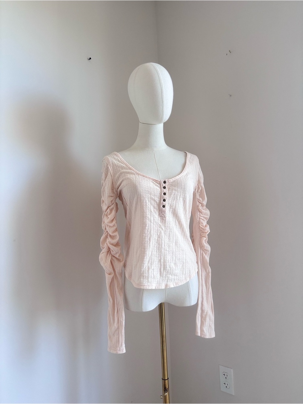 Free People Hope Henley Top Pink Ruched Long Sleeve Pointelle S